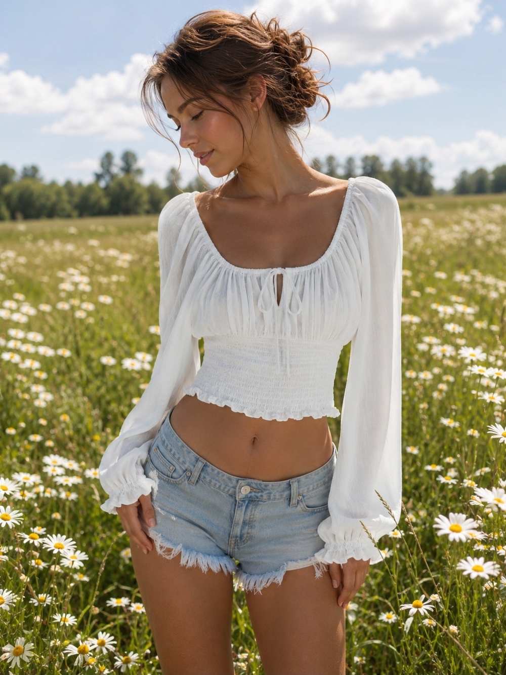 H&M Divided White Smocked Boho Cottagecore Peasant Crop Top - Large - NWT